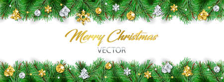 Vector Christmas decoration isolated on white background. Seamless holiday border, frame with gold and silver ornaments. Pine tree branches. For celebration banners, headers, posters.のイラスト素材