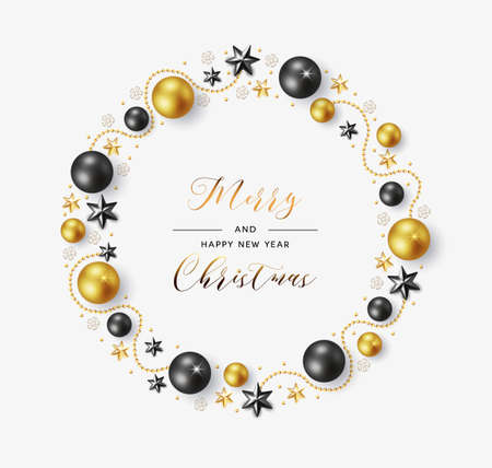 Christmas' composition. Christmas wreath on a white background from gold and black balls, stars, beads. Flat lay, top view. Elegant Christmas card. Vectorのイラスト素材