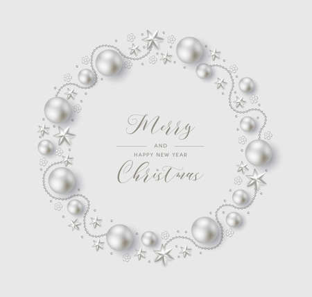 Christmas composition. Christmas wreath on a white background from white balls, stars, beads. Flat lay, top view. Elegant Christmas card. Vectorのイラスト素材