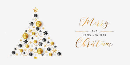 White Christmas background with a frame of black and yellow balls, stars, beads and confetti. Elegant Christmas card. Vectorのイラスト素材