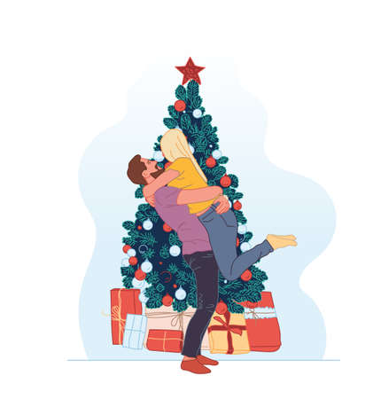 Merry Christmas and Happy New Year. Vector illustration of a young couple in love, on the background of the New Year tree. Romantic festive design for greeting cardのイラスト素材
