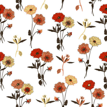 Retro wild floral pattern in many types of floral plants. Botanical motives are scattered randomly. Seamless vector. For trendy prints. Print with hand drawn style on a white background.のイラスト素材