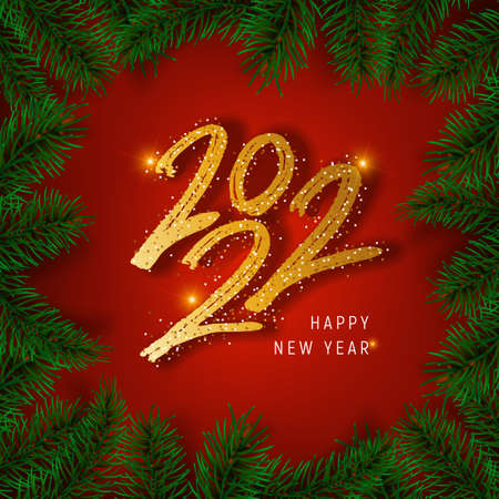 Happy New Year 2022 wishes typography text and border with christmas tree branches on red...