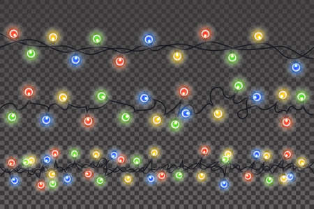 Garlands decorations. Colorful glow light lamp on wire strings isolated transparent background. Christmas lights isolated realistic design elements. Christmas glowing garland.のイラスト素材
