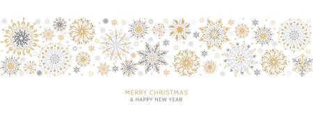 Simple Christmas seamless pattern with geometric motifs. Snowflakes and circles with different ornaments. Retro textile collection. On white backgroundのイラスト素材