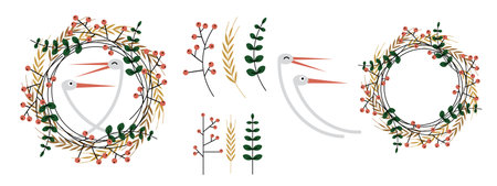 Stylized vector illustration. Decorative collection of wreaths with storks. design elements. Spikes, sprigs of leaves and rowanのイラスト素材