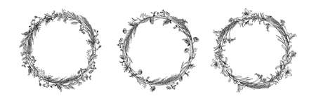 Handmade wreath made in vector. Unique decoration for a card, wedding invitation, save the date. Summer flowers with space for your text.のイラスト素材