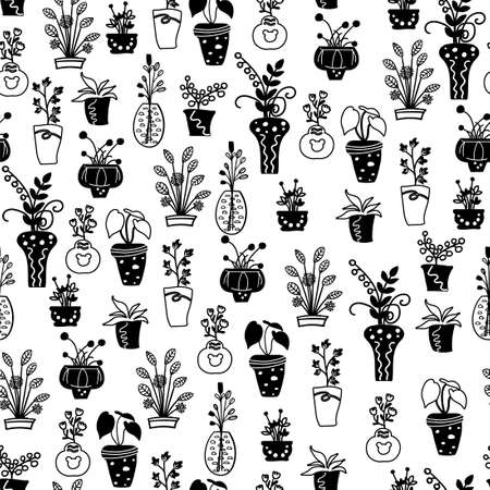 Seamless endless pattern of lovely cacti (cactus) and plants in pots, in the style of hand drawn design sketch in ink. Background for wrapping paper, wallpaper, website, Fabrics. trend print.のイラスト素材