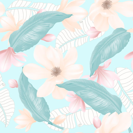 Seamless floral pattern. Magnolia Flowers and Leaves. Geometry background. exotic vector design. texture. Summer and Springのイラスト素材