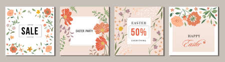 Fancy Easter flower square templates. Suitable for social media postings, mobile applications, postcards, invitations, banner design and online advertising. vector illustration.のイラスト素材