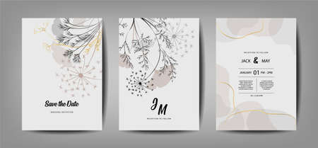 Set of postcards with wildflowers, foliage. Wedding concept in dark gray and gold. Floral poster, invit. Vector decorative postcards or invitation design background.のイラスト素材
