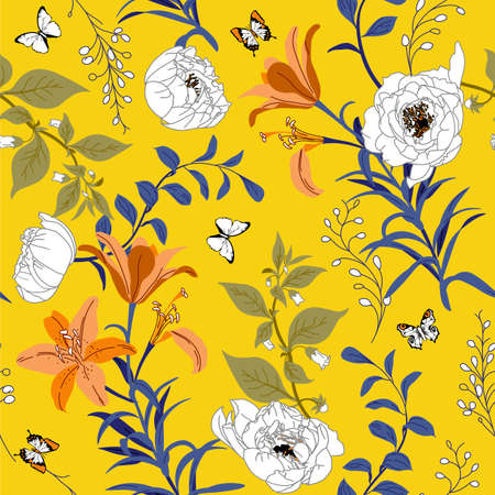 Hand-drawn colorful flowering botanical floral and leaf background vector seamless pattern on a summer fresh yellow background.のイラスト素材