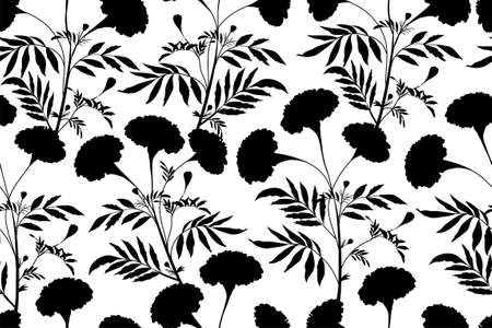 Flowers and leaves vector seamless pattern. Modern ornament of black floral patterns. Black ink texture with leaves. Hand drawn buds, bouquets of flowers. Abstract plant motif.のイラスト素材