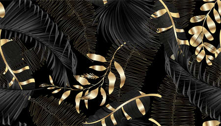Seamless vector pattern with gold and black tropical leaves on dark background. Exotic botanical background design for cosmetics, spa, textiles, Hawaiian shirt style. Best as wrapping paper, wallpaperのイラスト素材
