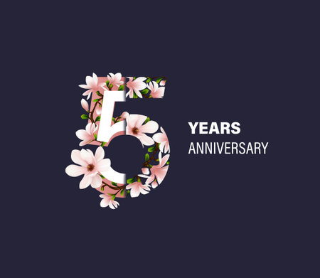 Happy birthday five 5 years, fun vector design with magnolia flowers. Background with congratulations on a love birthday. Perfect for a poster or greeting card.のイラスト素材