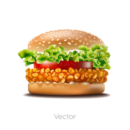 Vector realistic burger illustration. Crispy chicken burger with lettuce, tomato, cheese, chicken and sauce. Close-up isolated on white background. fast foodのイラスト素材