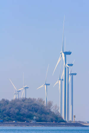 Rotterdam, the Netherlands - April 9, 2017: wind turbines in Rotterdam harbor
