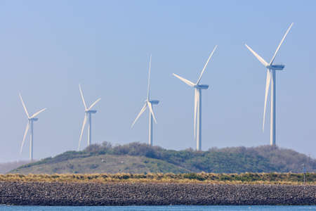 Rotterdam, the Netherlands - April 9, 2017: wind turbines in Rotterdam harborのeditorial素材