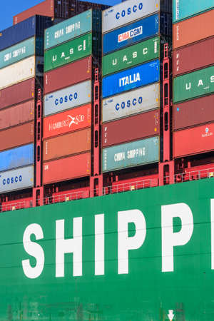 Rotterdam, the Netherlands - April 9, 2017: CSCL China Shipping Lines container ship in Rotterdam harborのeditorial素材