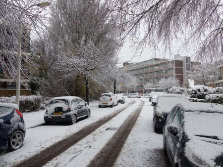 The Hague, the Netherlands - December 10, 2017: snow covered cars parked on snowy tree lined suburban urban city street during snow storms in Europeのeditorial素材