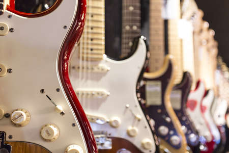 A row of electric Guitar on displayの写真素材