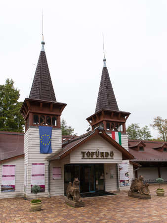 Budapest, Hungary - October 11 2016. Healing Lake Heviz, Hungary. Autumn. People swiming in the thermal water of lake. There are thermal springs. Access to the spa-center.のeditorial素材