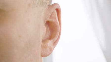 Adult male ear close up. Man moving his ear macro shooting. Otolaryngology and hearing health. Parts...