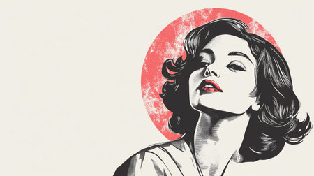Black and white portrait of a young woman with red lipstick and a red halo background, creating a vintage or retro look, reminiscent of old Hollywood glamourの素材