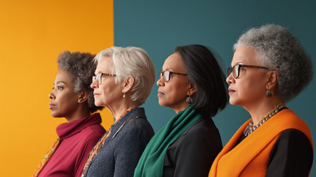 Four successful senior businesswomen of diverse ethnicities standing together in profile against a colorful background, embodying unity, diversity, and female empowermentの素材