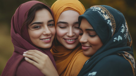 Three young Muslim women wearing hijabs are embracing each other with closed eyes and joyful smiles, celebrating their deep sisterhood and strong bond of friendshipの素材