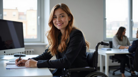 Businesswoman with long brown hair, wearing a black jacket, sits in a wheelchair at her desk in a modern office, smiling as she takes notes, while her colleagues collaborate in the backgroundの素材