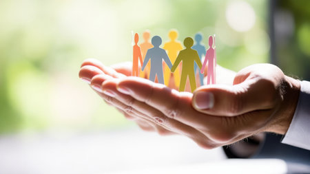 Open hands of a businessman holding colorful paper people chain, symbolizing diversity, inclusion, and protection of a global community, with a blurred green backgroundの素材
