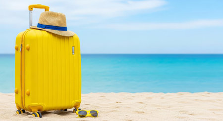 Bright yellow suitcase with straw hat and sunglasses is standing on a beautiful sandy beach with turquoise water and blue sky in the background, evoking a sense of summer vacation and relaxationの素材