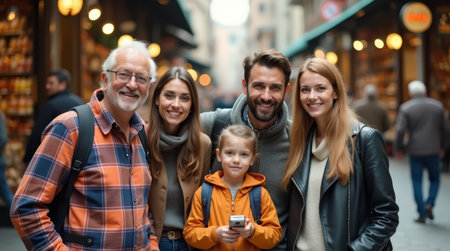 Smiling family of tourists posing for a cheerful portrait in Florences Mercato Centrale, enjoying their vacation while exploring the vibrant city and creating lasting memories togetherの素材