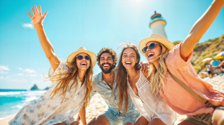 Four happy tourists, two men and two women, are sitting on a sunny beach, wearing summer clothes, sunglasses and straw hats, laughing and waving near a white lighthouseの素材