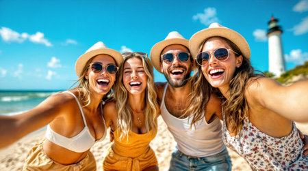 Four cheerful friends wearing sunglasses and summer hats are taking a selfie on a beautiful beach with a lighthouse in the background, enjoying their summer vacation togetherの素材