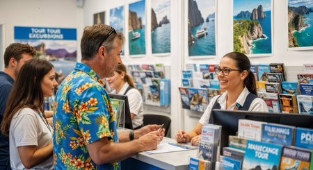 Smiling travel agent engaging with a tourist in a colorful Hawaiian shirt while promoting a lively boat excursion in a vibrant travel agency filled with brochures and postersの素材