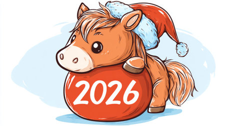 Adorable brown horse character with big eyes wearing red and white Santa hat, resting hooves on large red Christmas ornament ball with white 2026 number, light blue background.の素材
