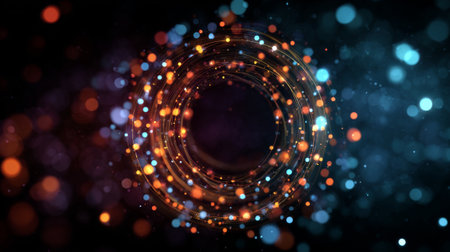 Abstract background featuring concentric circular pattern with multicolored bokeh lights in orange, blue, yellow, and teal creating swirling motion effect on dark black background, artistic atmosphereの素材