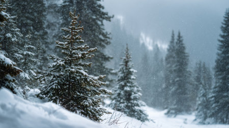 Atmospheric winter forest scene with snow-laden evergreen coniferous trees in foreground and misty blurred forest background during heavy snowfall, cold blue gray tones, serene mood.の素材