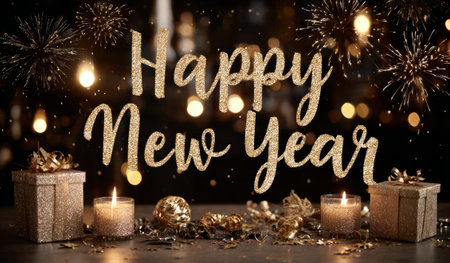 Festive Happy New Year greeting with golden glittery letters, lit sparklers, glowing candles in glass holders, wrapped gift boxes with gold bows, and decorative ornaments on dark surface.の素材