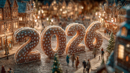 Elaborate gingerbread cookie 2026 numbers with white icing decoration standing in illuminated city square with miniature people, gingerbread houses, Christmas trees, warm lighting, festive atmosphere.の素材