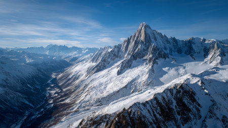 Spectacular aerial view of majestic snow-covered jagged mountain peaks with sharp ridges, steep slopes, and dramatic rocky formations under bright blue sky with clouds, alpine scenery.の素材