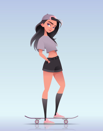 Teenage girl in a cap standing with violet skateboard. Wears a t-shirt, shorts, and sneakers. Gradient background. Skateboarding culture. Flat cartoon vector illustrationのイラスト素材