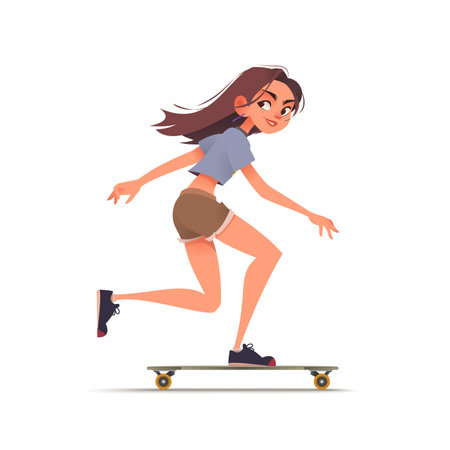 Teenage girl riding longboard. Smiling woman wears t-shirt shorts and sneakers. Skateboarding culture. Healthy active lifestyle. Extreme sports. Isolated background. Cartoon vector illustrationのイラスト素材