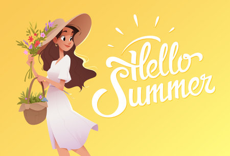 Beautiful woman or girl in white dress and hat holding a basket with flowers and foliage. Handwritten lettering Hello Summer. Warm yellow background. Calligraphy for poster, postcard or bannerのイラスト素材