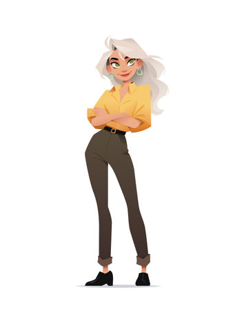 Beautiful woman standing with arms crossed. Pretty smiling girl. She wear vibrant yellow shirt. Casual outfit. Cartoon stylish character. Flat vector illustrationのイラスト素材