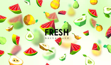 Creative background with low poly fruit. Illustration with polygonal pear and watermelon.のイラスト素材