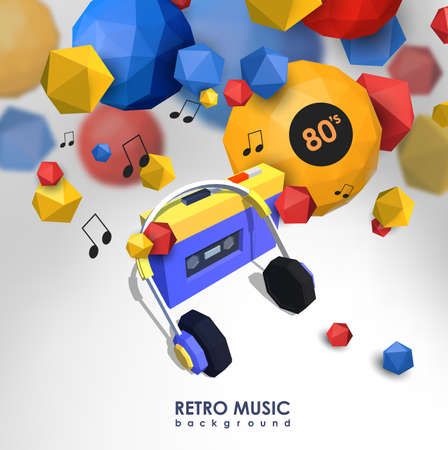 Creative background with retro cassette player. Template with music device and low poly elements.のイラスト素材