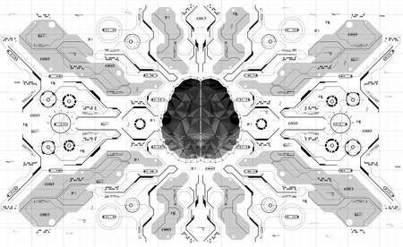 Conceptual Polygonal Brain with HUD elements. Background with futuristic user interface. Design concept with Head-up Display elements.のイラスト素材